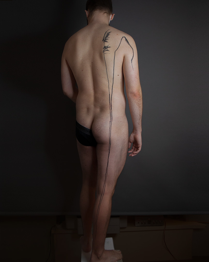 Een full image van een tattoo die van schouder naar enkel loopt van een gras